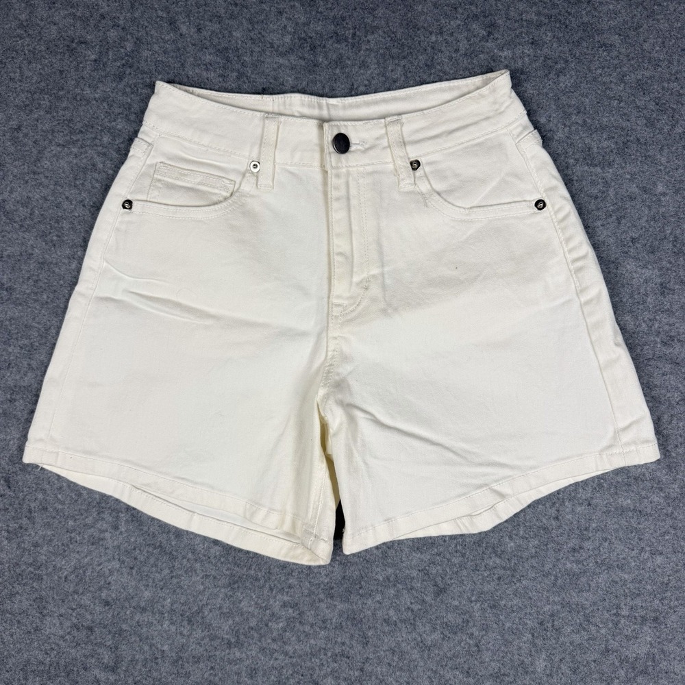 WHO.A.U Womens White Denim High Rise Shorts Embroidered Bear Pocket California S